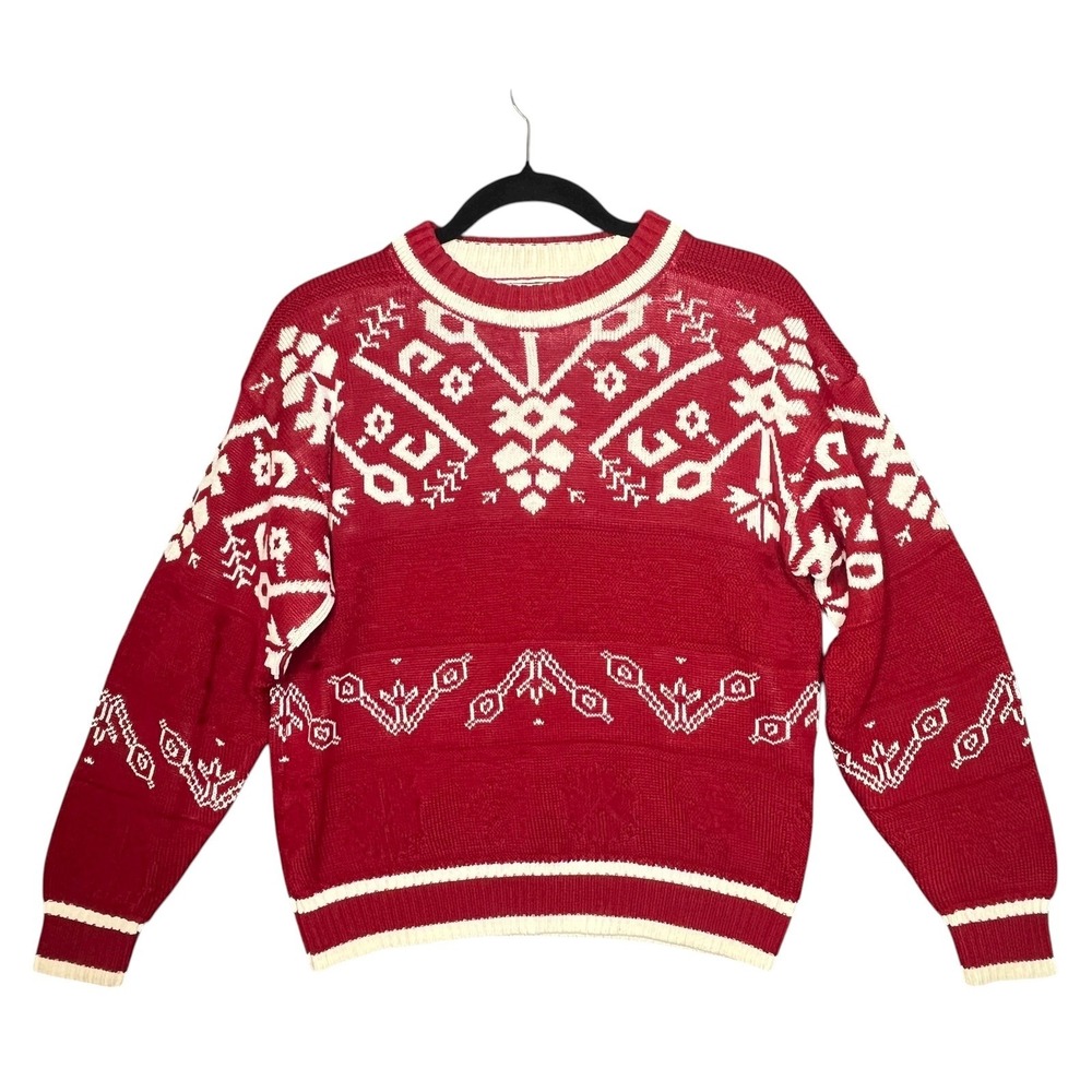 Vintage Silvercord Petite Red Fair Isle Snowflake Knit Acrylic Sweater M/P Small